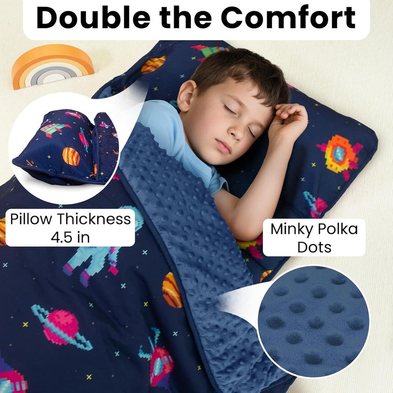 Beavtaens Toddler Nap Mat with Pillow and Minky Blanket, Large 55"x35" Sleeping Bag, Washable, Lightweight, Easy to Roll, Perfect for Preschool, Daycare, Kindergarten, Travel, Boys and Girls(Space) - Image 4